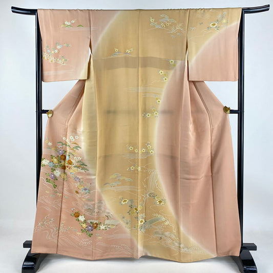 訪問服 身長164cm 袖長65cm M 雙層 千總 落款 菊花 松樹竹子梅花 刺繡 金絲 粉色 純蠶絲 逸品級