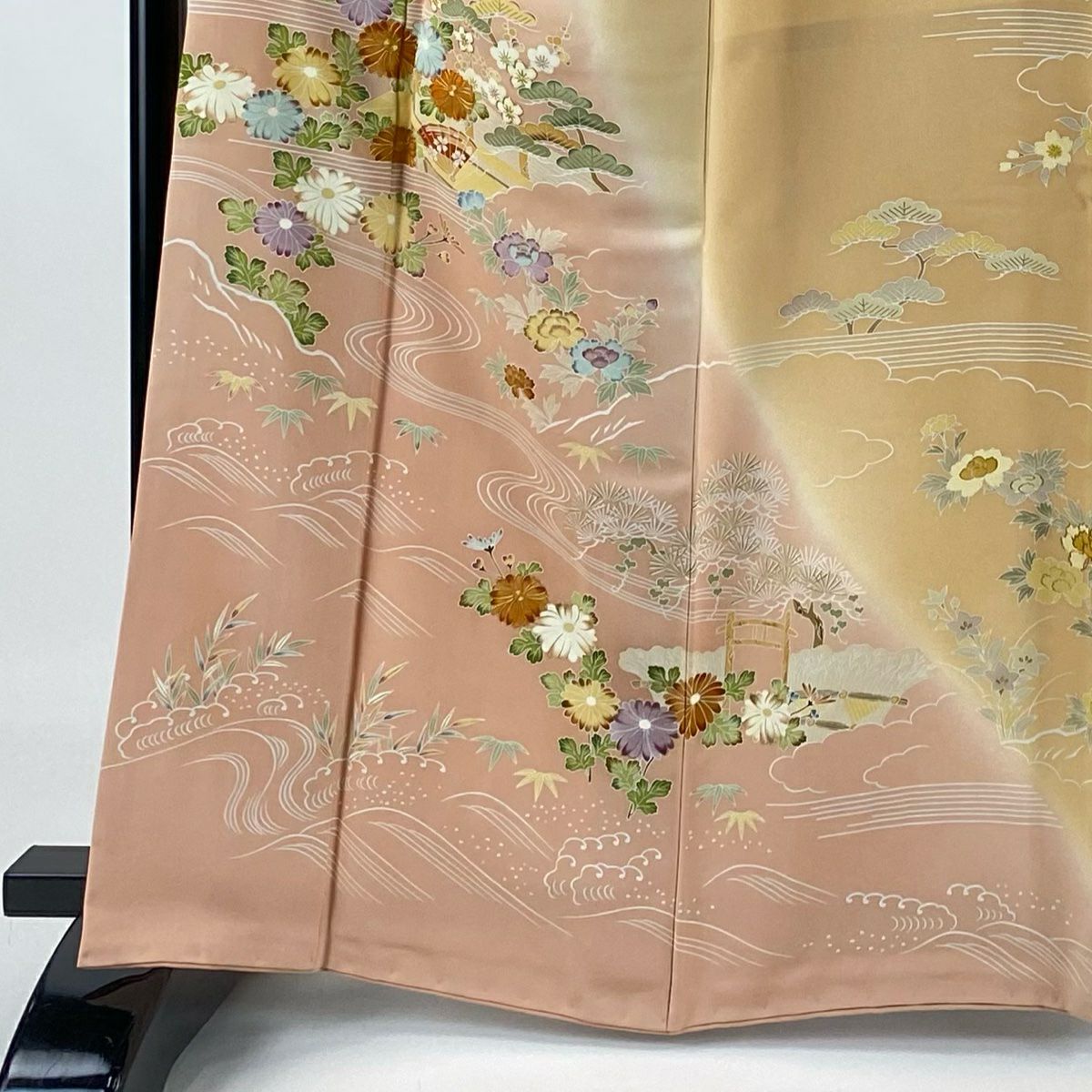 訪問服 身長164cm 袖長65cm M 雙層 千總 落款 菊花 松樹竹子梅花 刺繡 金絲 粉色 純蠶絲 逸品級