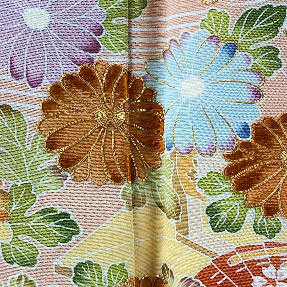 訪問服 身長164cm 袖長65cm M 雙層 千總 落款 菊花 松樹竹子梅花 刺繡 金絲 粉色 純蠶絲 逸品級