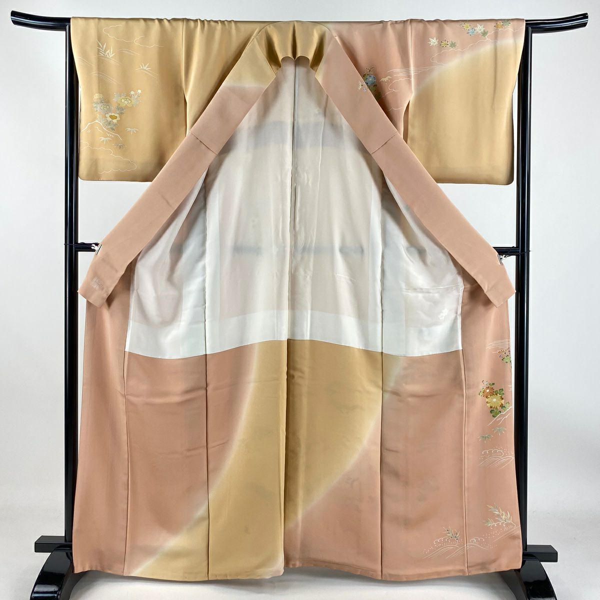 訪問服 身長164cm 袖長65cm M 雙層 千總 落款 菊花 松樹竹子梅花 刺繡 金絲 粉色 純蠶絲 逸品級