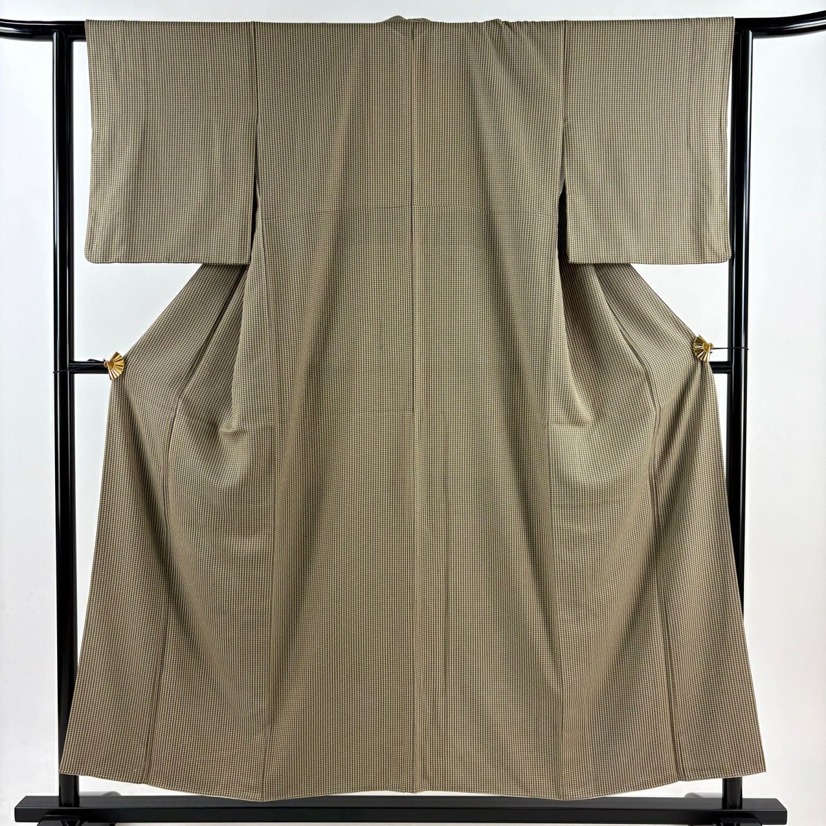 【庫存清倉】 小紋 身長154.5cm 袖長62cm S 雙層 格子 灰綠 純蠶絲 美品 秀品級