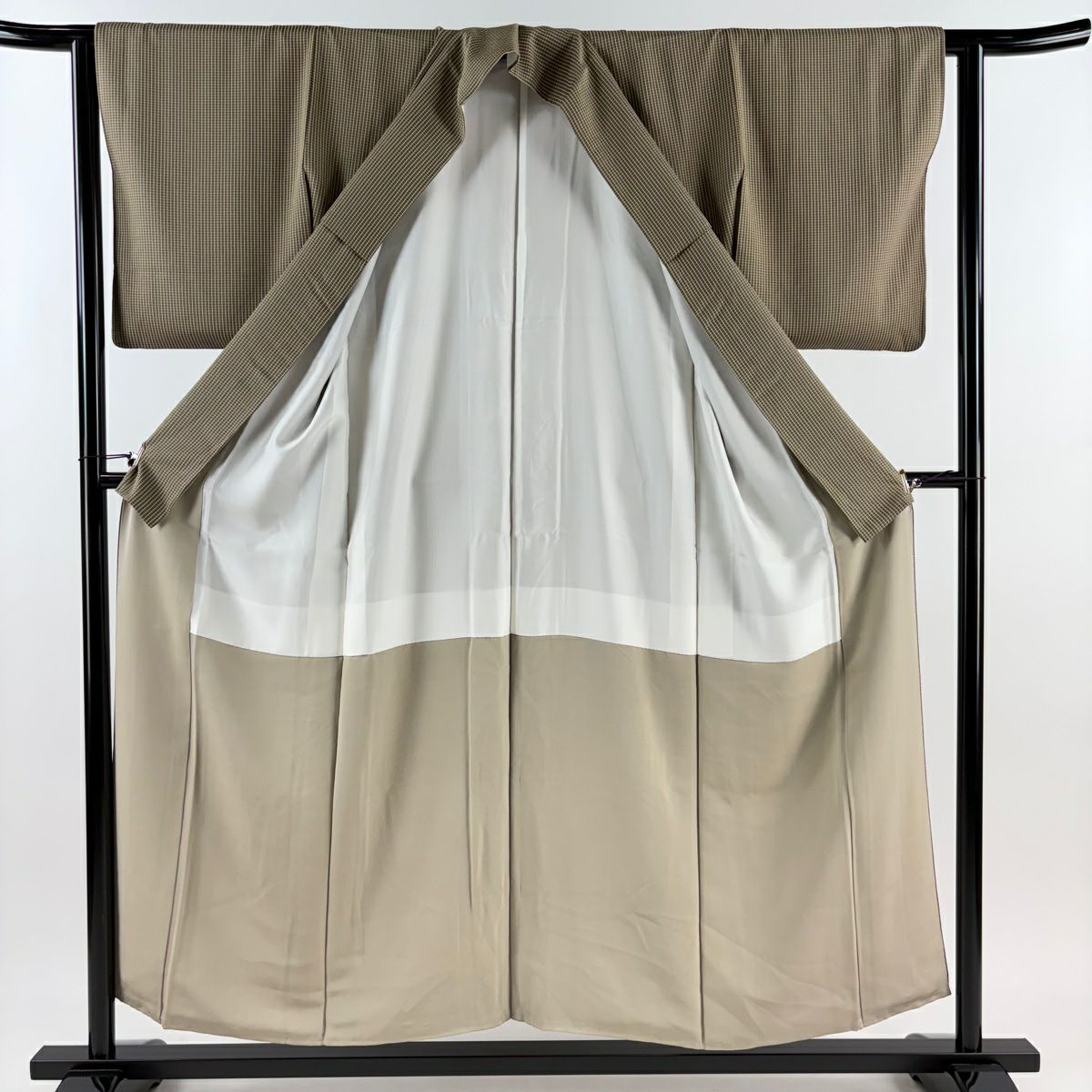 【庫存清倉】 小紋 身長154.5cm 袖長62cm S 雙層 格子 灰綠 純蠶絲 美品 秀品級