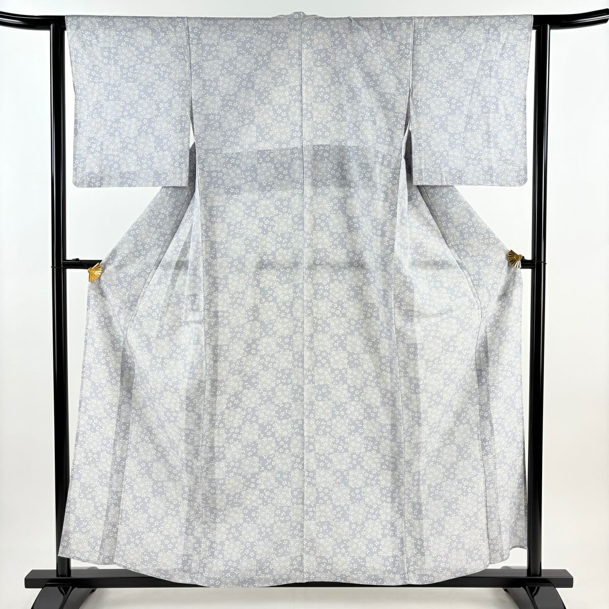 【庫存清倉】小紋 身長158cm 袖長62cm S 薄物 絽 市松樹圖案 櫻花 青灰色 純蠶絲 優品級