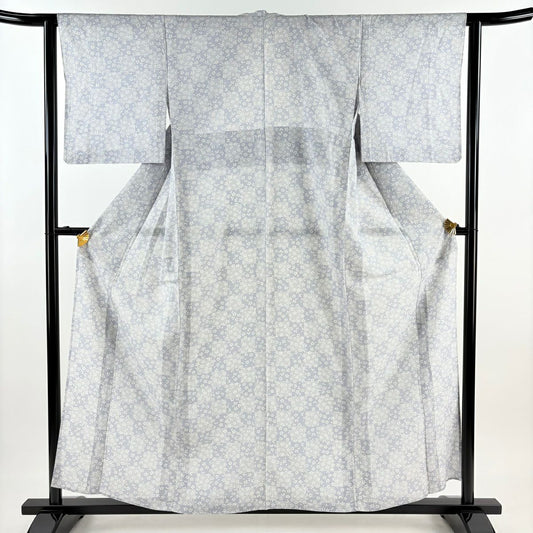 【庫存清倉】小紋 身長158cm 袖長62cm S 薄物 絽 市松樹圖案 櫻花 青灰色 純蠶絲 優品級