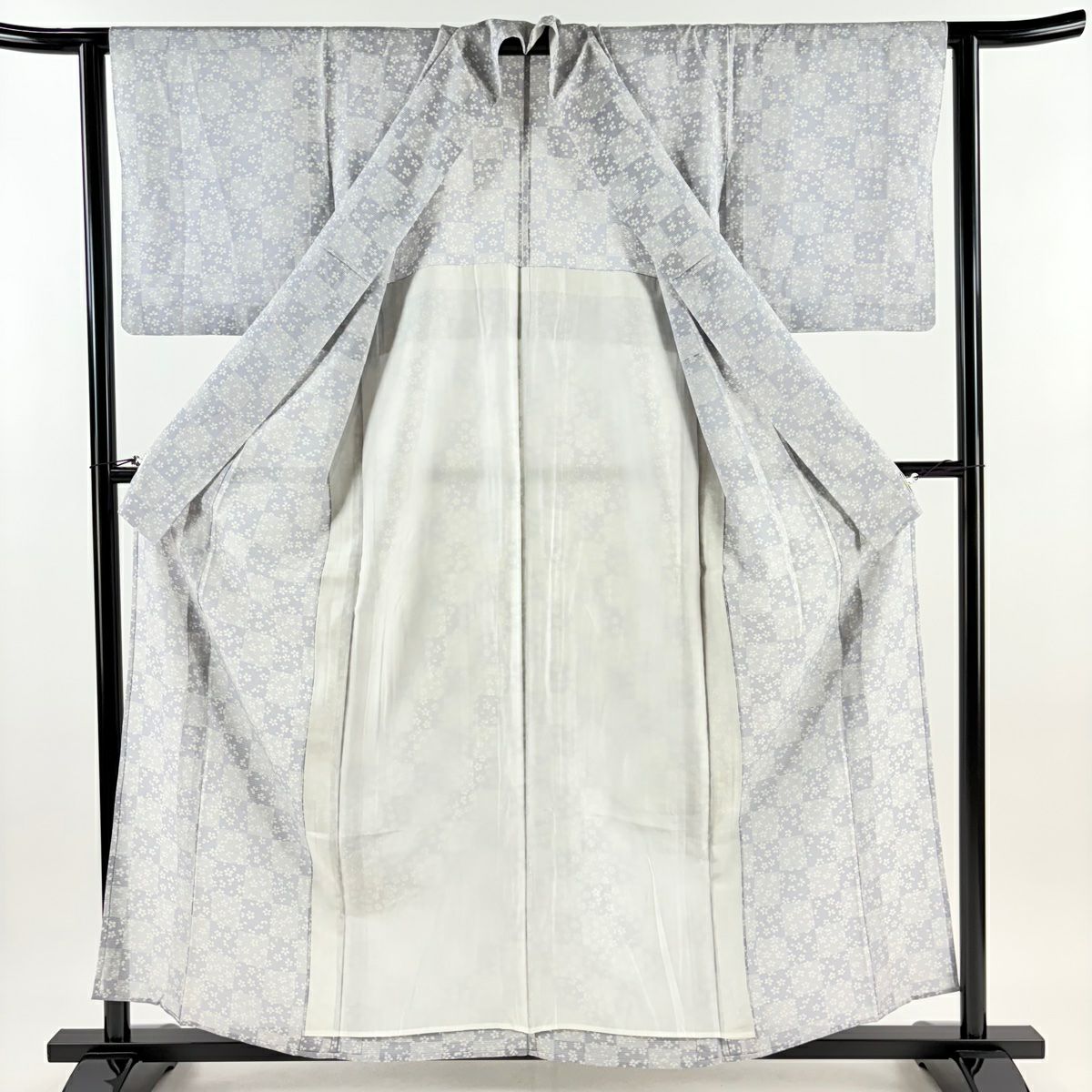 【庫存清倉】小紋 身長158cm 袖長62cm S 薄物 絽 市松樹圖案 櫻花 青灰色 純蠶絲 優品級