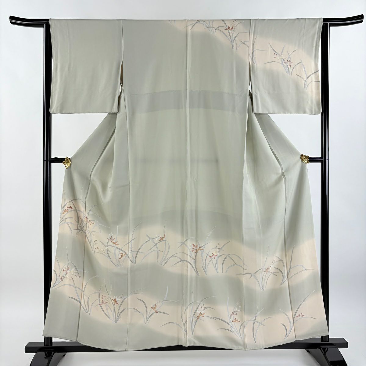 【庫存清倉】訪問服 身長156cm 袖長64cm M 雙層 草花紋紋 金彩裝飾 刺繡 灰綠 純蠶絲 優品級