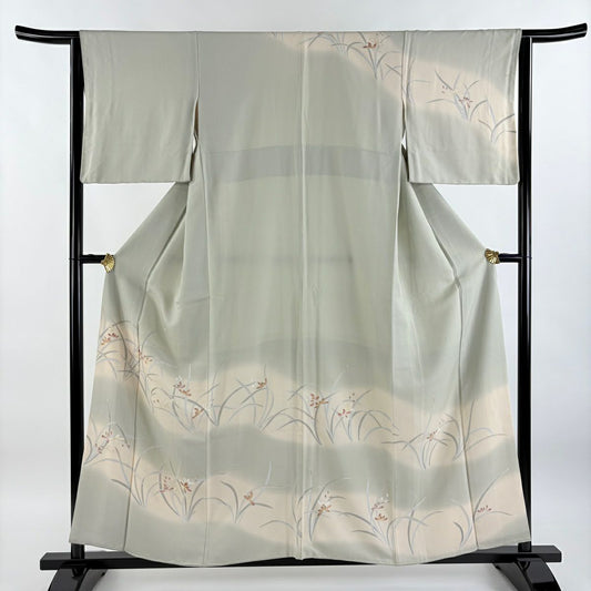 【庫存清倉】訪問服 身長156cm 袖長64cm M 雙層 草花紋紋 金彩裝飾 刺繡 灰綠 純蠶絲 優品級