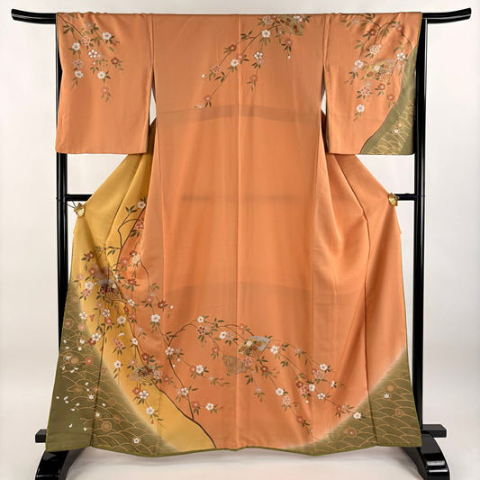 【庫存清倉】訪問服 身長162cm 袖長66.5cm M 雙層 大和 含棉仕立 扇子子 垂枝櫻 金絲 金銀彩 淺橙色 純蠶絲 優品級