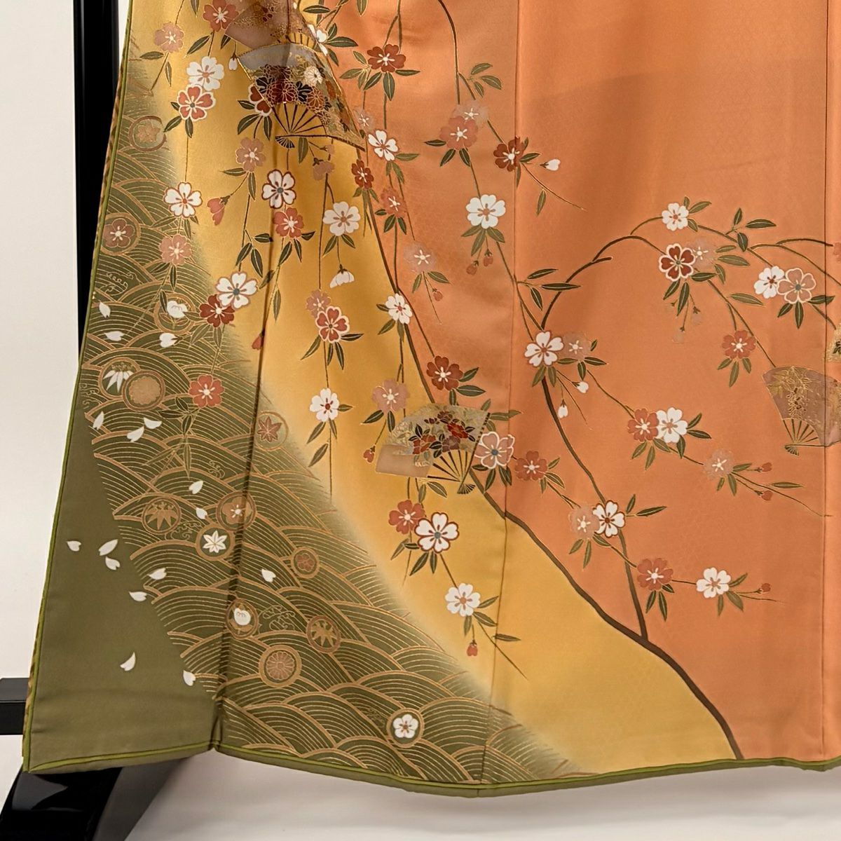 【庫存清倉】訪問服 身長162cm 袖長66.5cm M 雙層 大和 含棉仕立 扇子子 垂枝櫻 金絲 金銀彩 淺橙色 純蠶絲 優品級