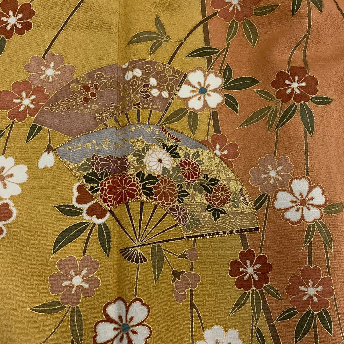 【庫存清倉】訪問服 身長162cm 袖長66.5cm M 雙層 大和 含棉仕立 扇子子 垂枝櫻 金絲 金銀彩 淺橙色 純蠶絲 優品級