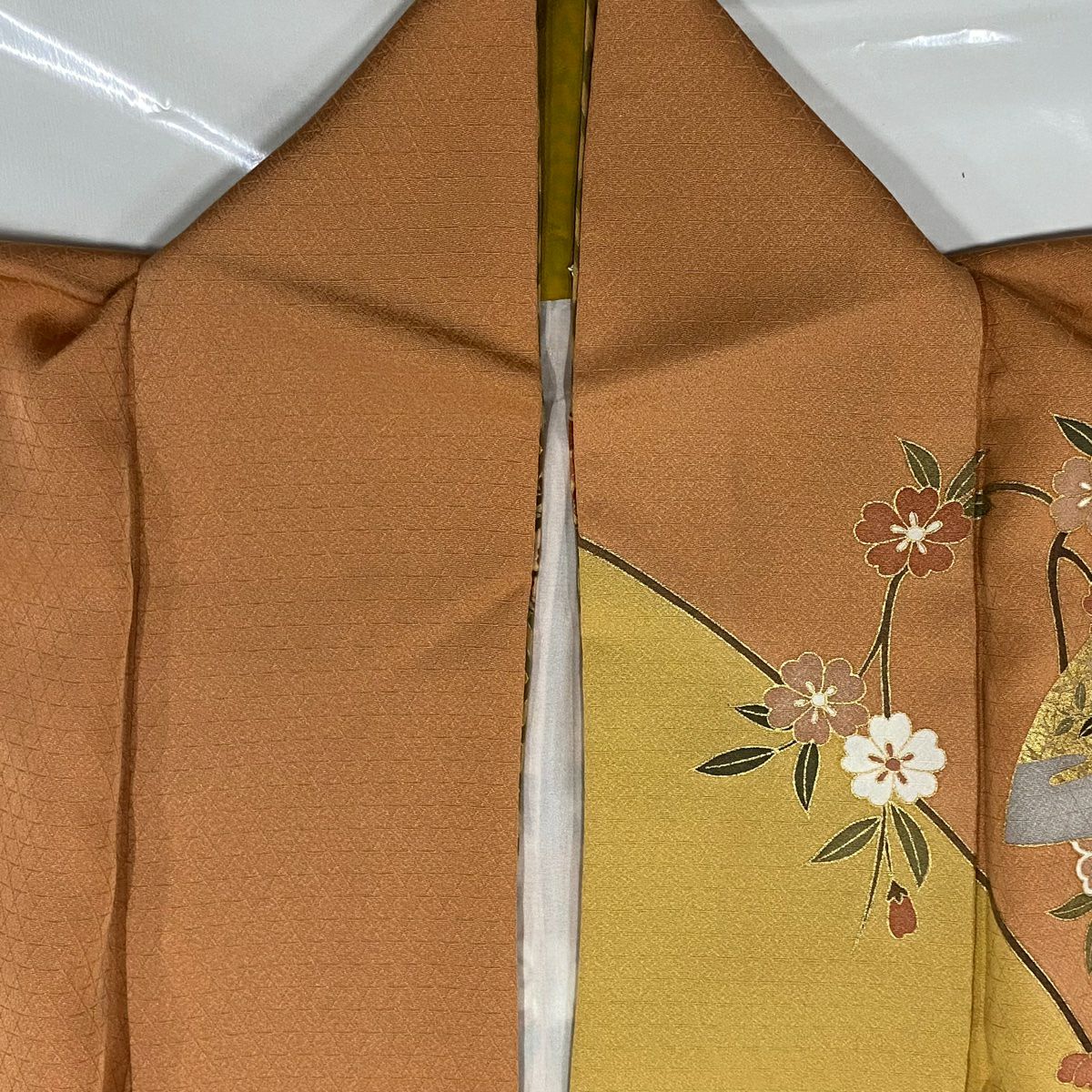 【庫存清倉】訪問服 身長162cm 袖長66.5cm M 雙層 大和 含棉仕立 扇子子 垂枝櫻 金絲 金銀彩 淺橙色 純蠶絲 優品級