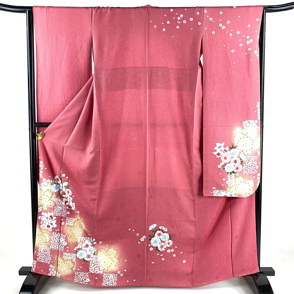 【庫存清倉】振袖禮服 身長164.5cm 袖長64cm M 雙層 櫻花 市松樹 金銀彩 漸層 淺粉色 純蠶絲 名品級