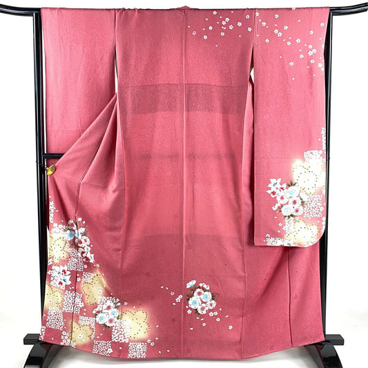 【庫存清倉】振袖禮服 身長164.5cm 袖長64cm M 雙層 櫻花 市松樹 金銀彩 漸層 淺粉色 純蠶絲 名品級