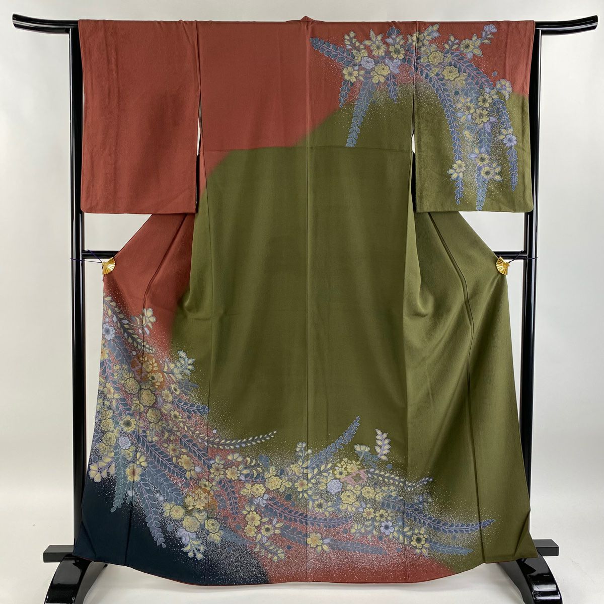 【庫存清倉】訪問服 身長163cm 袖長65cm M 雙層 菊花花 雪輪 金銀彩 紅茶 純蠶絲 名品級