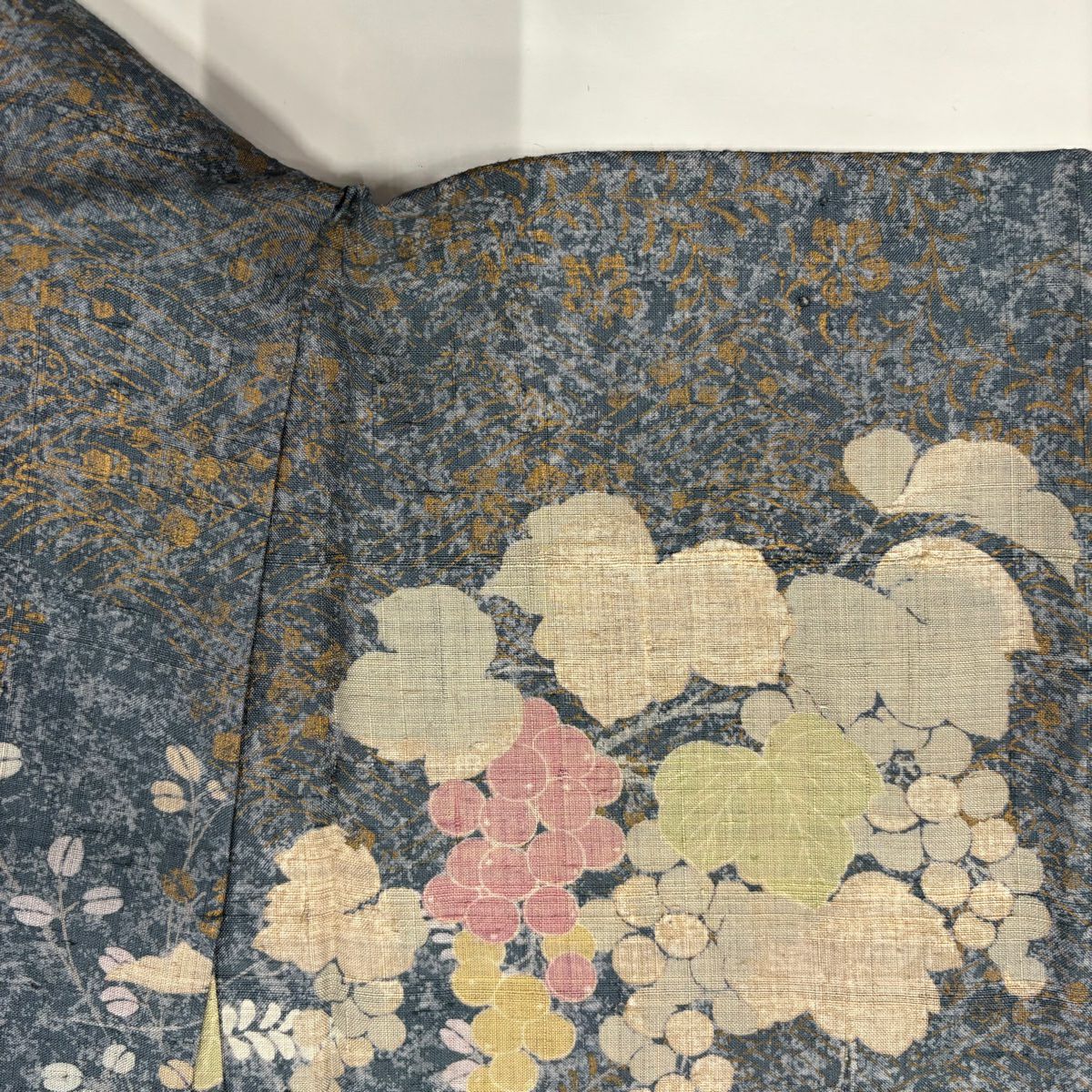 【庫存清倉】 付下 身長161cm 袖長62cm S 雙層 紬織織 秋草 葡萄 金彩裝飾 青灰 純蠶絲 名品級