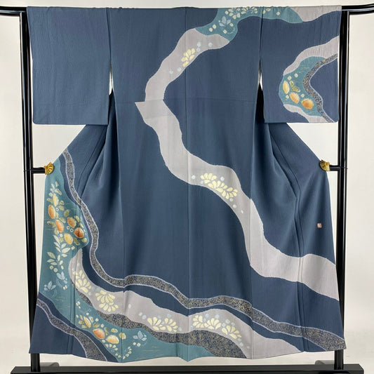 【庫存清倉】訪問服 身長151cm 袖長64cm M 雙層 滝泰 有落款 辻花染 霞 金彩裝飾 青灰 純蠶絲 名品級