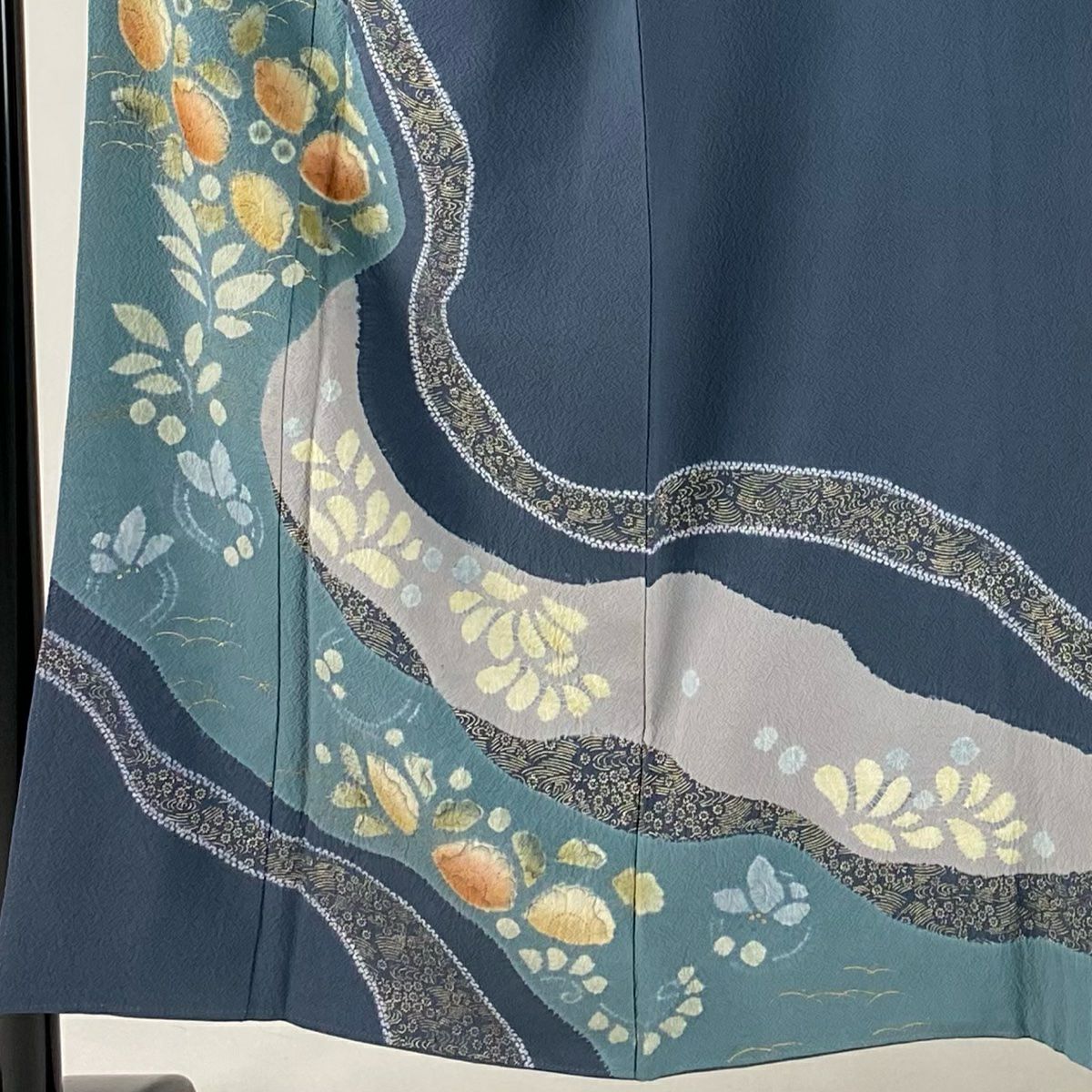 【庫存清倉】訪問服 身長151cm 袖長64cm M 雙層 滝泰 有落款 辻花染 霞 金彩裝飾 青灰 純蠶絲 名品級