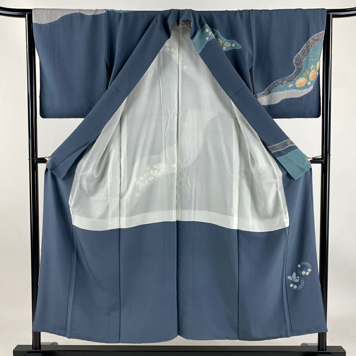 【庫存清倉】訪問服 身長151cm 袖長64cm M 雙層 滝泰 有落款 辻花染 霞 金彩裝飾 青灰 純蠶絲 名品級
