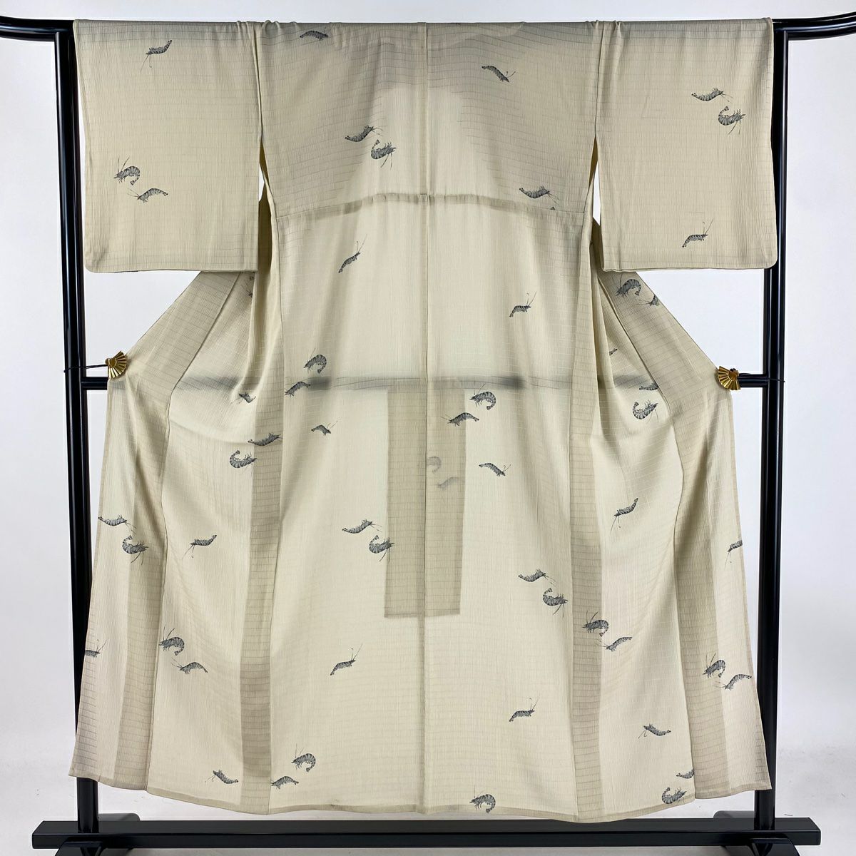 【庫存清倉】 小紋 身長152.5cm 袖長66cm M 薄物 海老 淺米色 純蠶絲 名品級