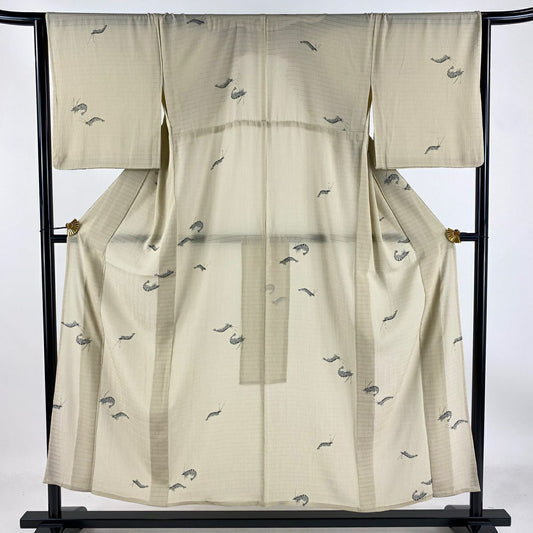 【庫存清倉】 小紋 身長152.5cm 袖長66cm M 薄物 海老 淺米色 純蠶絲 名品級