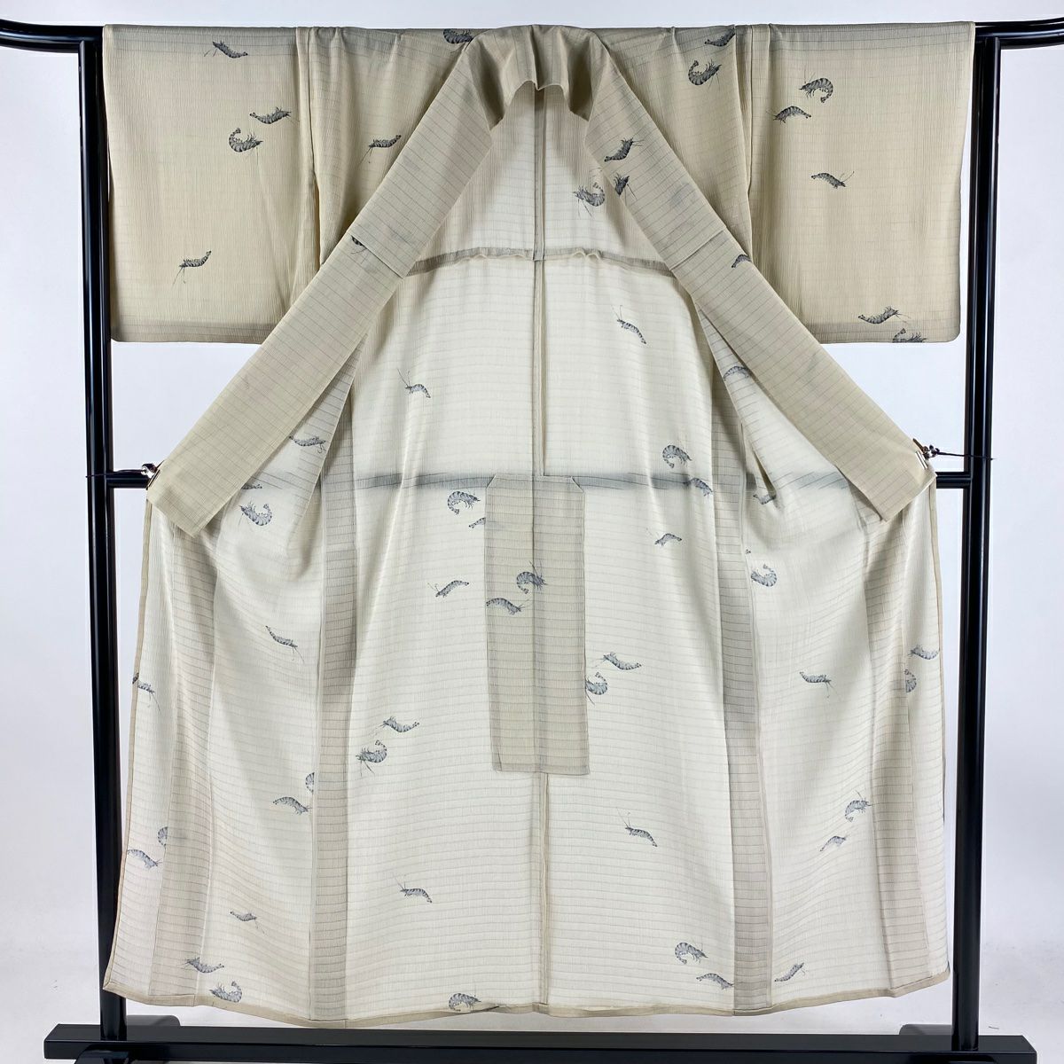 【庫存清倉】 小紋 身長152.5cm 袖長66cm M 薄物 海老 淺米色 純蠶絲 名品級