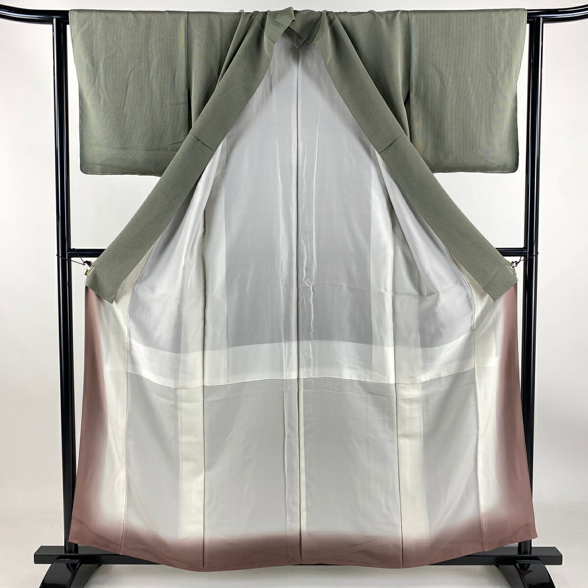 【庫存清倉】 江戶小紋 身長160cm 袖長62cm S 雙層 萬筋 灰綠 純蠶絲 美品 名品級