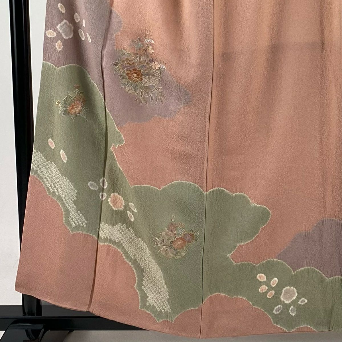 【庫存清倉】訪問服 身長159cm 袖長65cm M 雙層 雪輪 草花紋刺繡 絞染 粉紅 純蠶絲 名品級