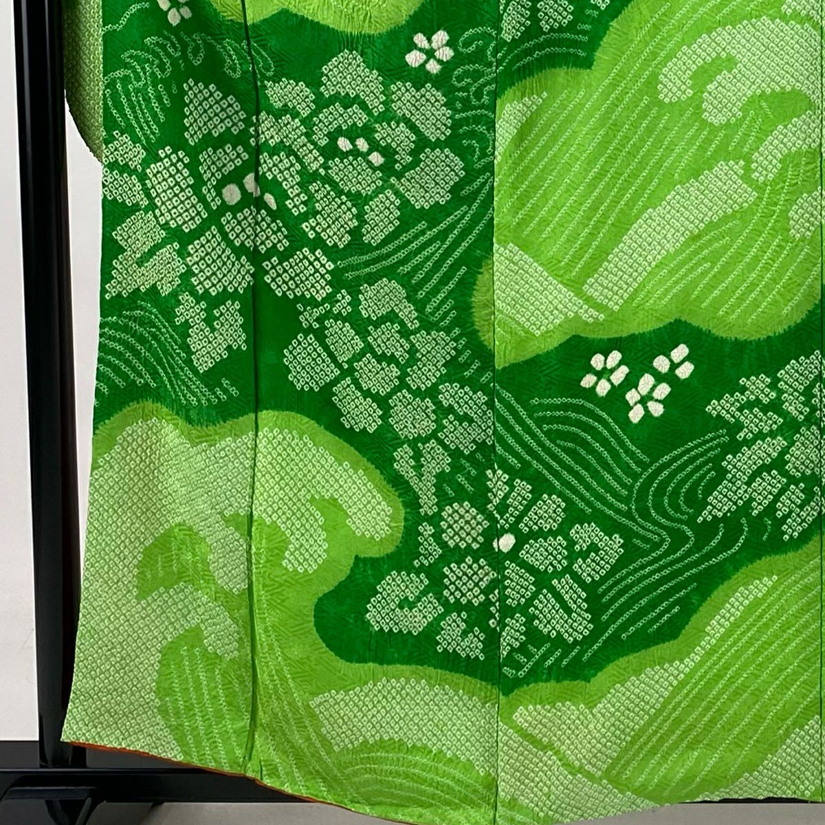 【庫存清倉】振袖禮服 身長159cm 袖長63cm S 雙層 草花紋紋 波頭 絞染 黃綠 純蠶絲 名品級