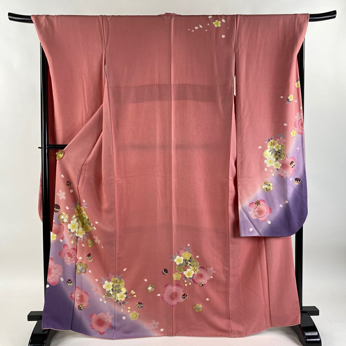 【清倉特賣】振袖禮服 身長166cm 袖長69cm L 雙層 櫻花 手毬 金銀彩 漸層 粉色 純蠶絲 名品級