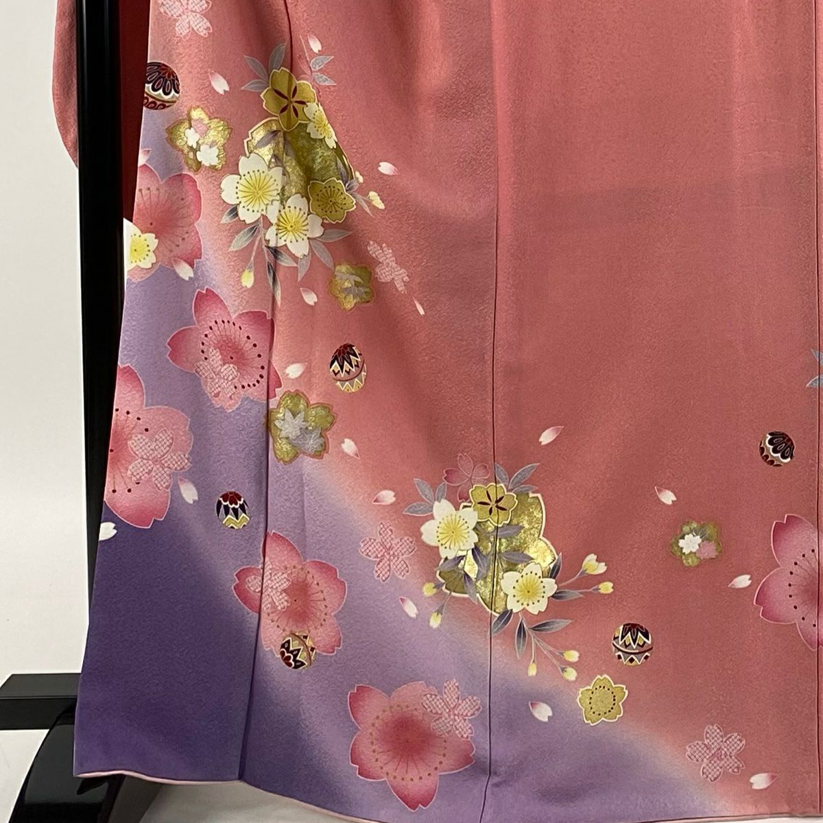 【清倉特賣】振袖禮服 身長166cm 袖長69cm L 雙層 櫻花 手毬 金銀彩 漸層 粉色 純蠶絲 名品級
