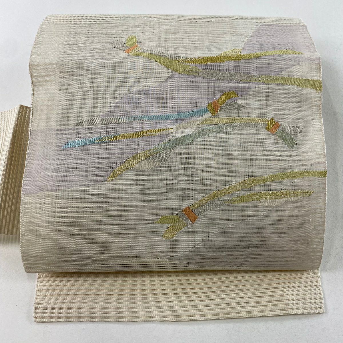 【庫存清倉】 名古屋帶 美品 名品級 夏帶 絽 八寸名古屋帶 幾何學 霞 金銀絲 奶油色 純蠶絲