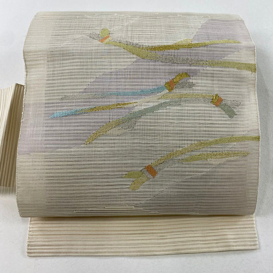 【庫存清倉】 名古屋帶 美品 名品級 夏帶 絽 八寸名古屋帶 幾何學 霞 金銀絲 奶油色 純蠶絲