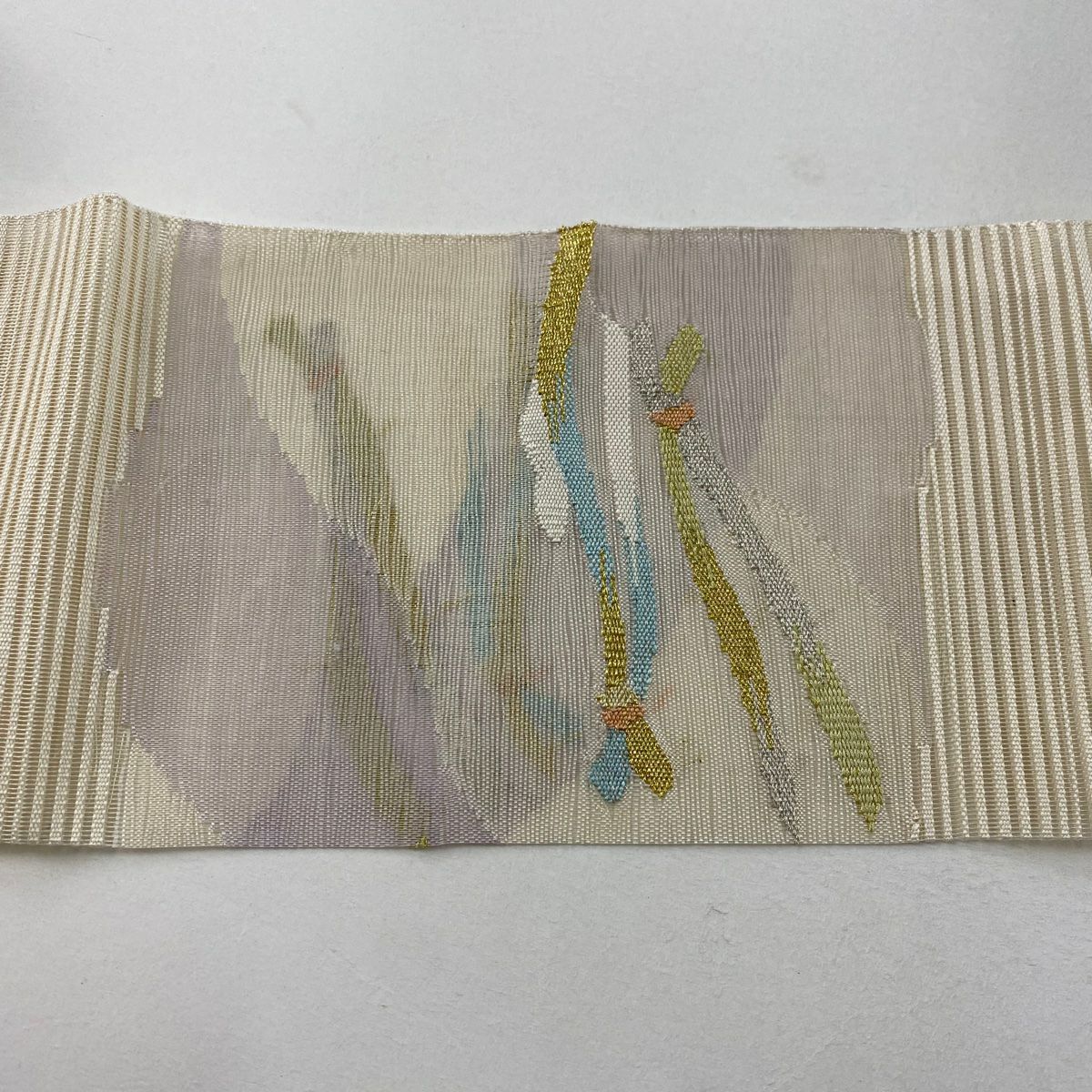 【庫存清倉】 名古屋帶 美品 名品級 夏帶 絽 八寸名古屋帶 幾何學 霞 金銀絲 奶油色 純蠶絲