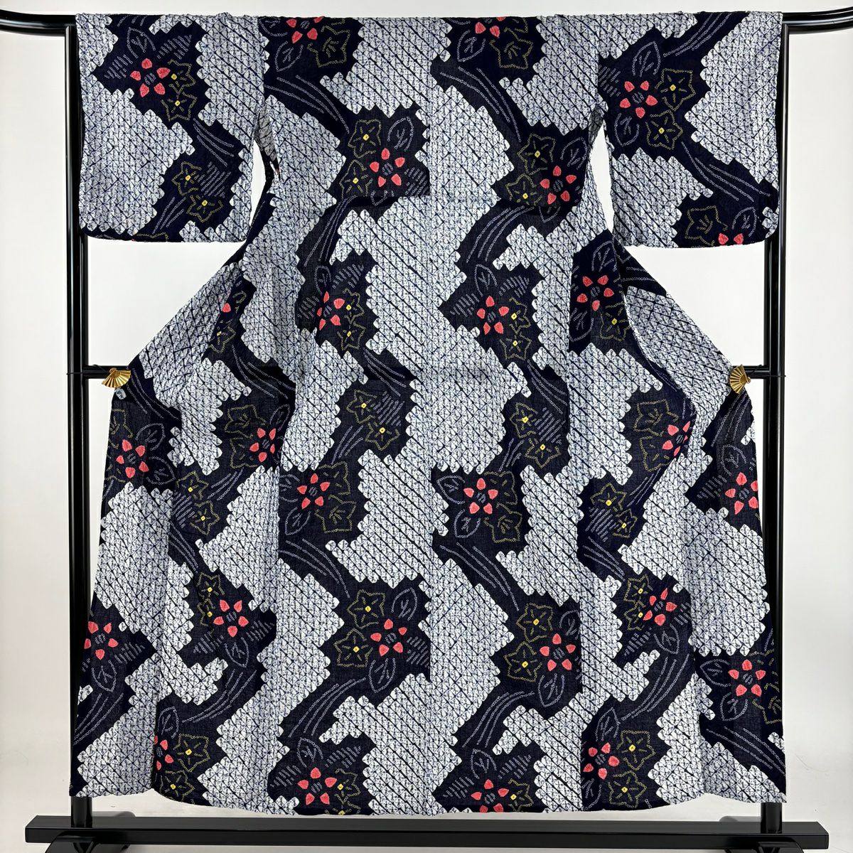 【庫存清倉】 浴衣 身長152cm 袖長66cm M 絞染浴衣 草花紋紋 深藍 純棉 名品級