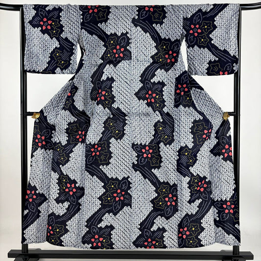 【庫存清倉】 浴衣 身長152cm 袖長66cm M 絞染浴衣 草花紋紋 深藍 純棉 名品級
