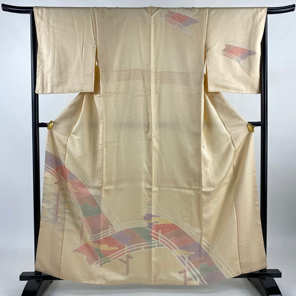 【庫存清倉】訪問服 身長162cm 袖長65cm M 雙層 橋 有職紋樣 薄橙色 純蠶絲 美品 名品級