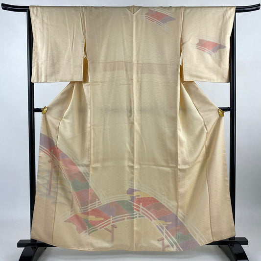 【庫存清倉】訪問服 身長162cm 袖長65cm M 雙層 橋 有職紋樣 薄橙色 純蠶絲 美品 名品級