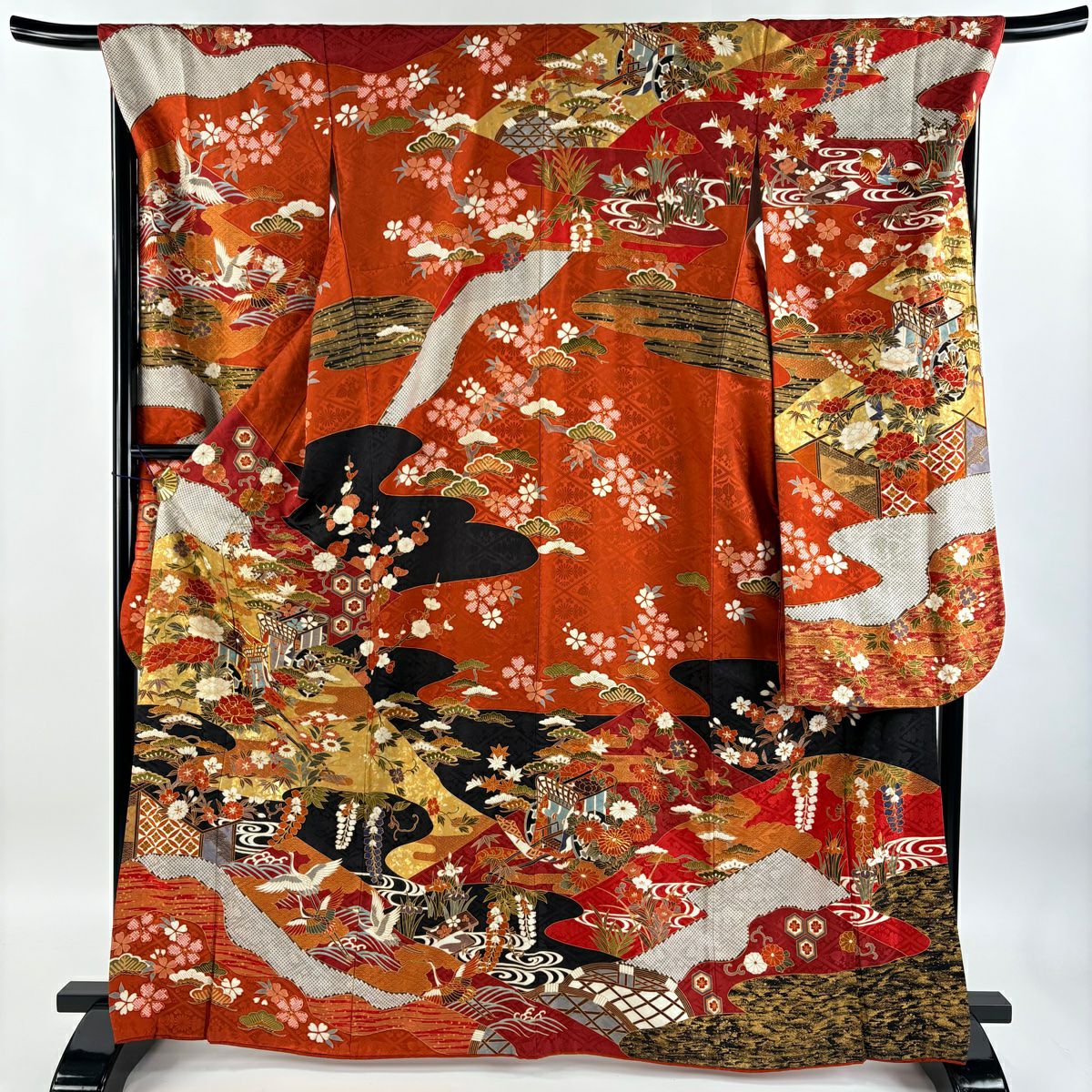 振袖禮服 身長165cm 袖長69.5cm L 雙層 御所車 牡丹 金絲 金銀彩 朱 純蠶絲 逸品級