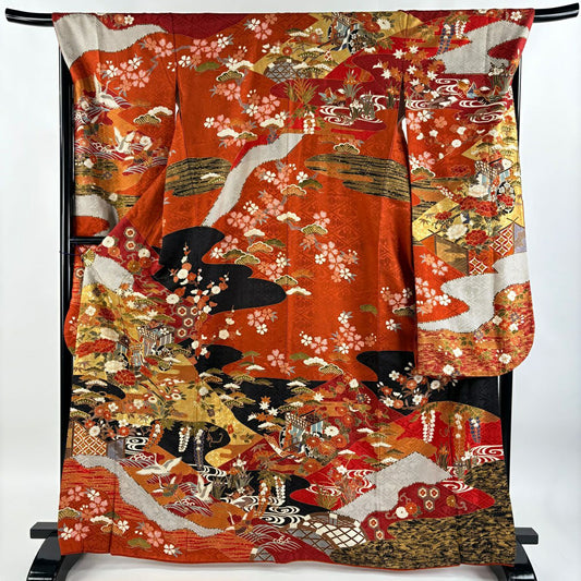振袖禮服 身長165cm 袖長69.5cm L 雙層 御所車 牡丹 金絲 金銀彩 朱 純蠶絲 逸品級