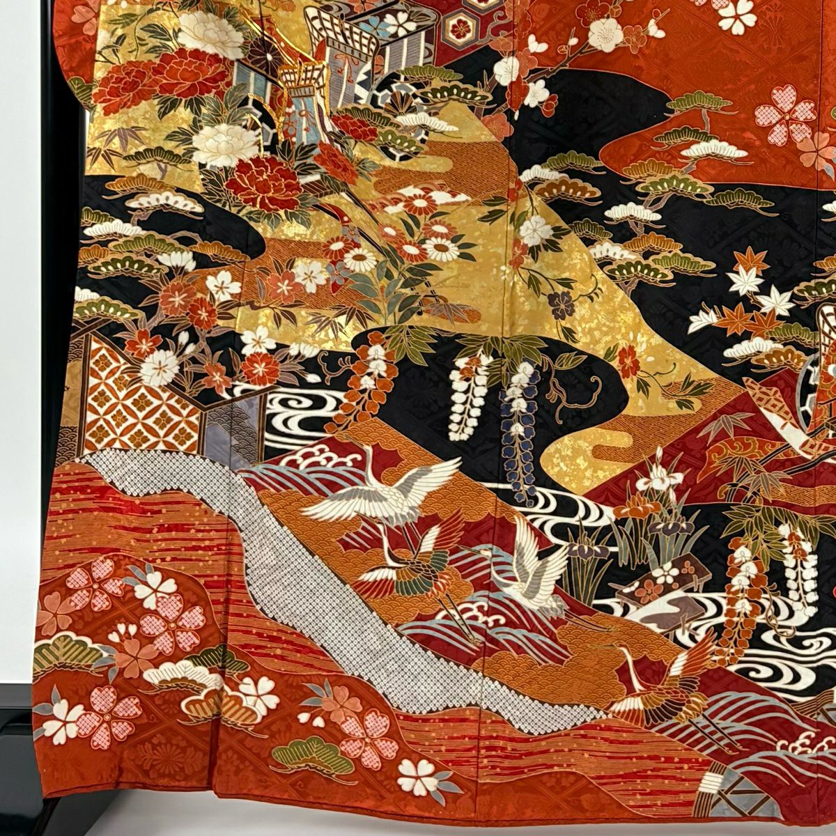 振袖禮服 身長165cm 袖長69.5cm L 雙層 御所車 牡丹 金絲 金銀彩 朱 純蠶絲 逸品級