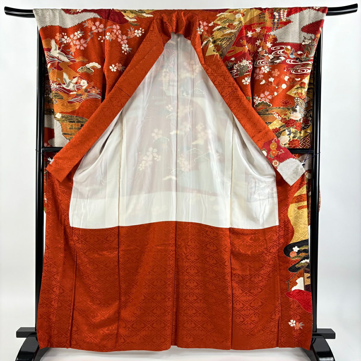 振袖禮服 身長165cm 袖長69.5cm L 雙層 御所車 牡丹 金絲 金銀彩 朱 純蠶絲 逸品級