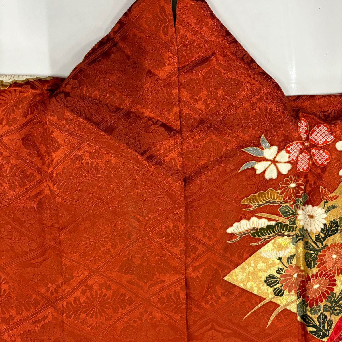 振袖禮服 身長165cm 袖長69.5cm L 雙層 御所車 牡丹 金絲 金銀彩 朱 純蠶絲 逸品級