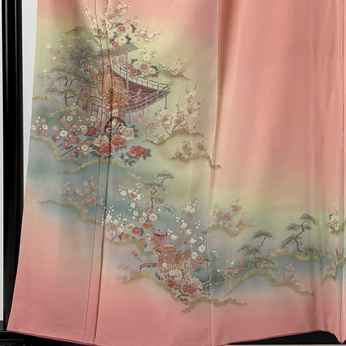 【庫存清倉】訪問服 身長157.5cm 袖長64.5cm M 雙層 御所車 鼓 金銀彩 漸層 粉紅 純蠶絲 優品級