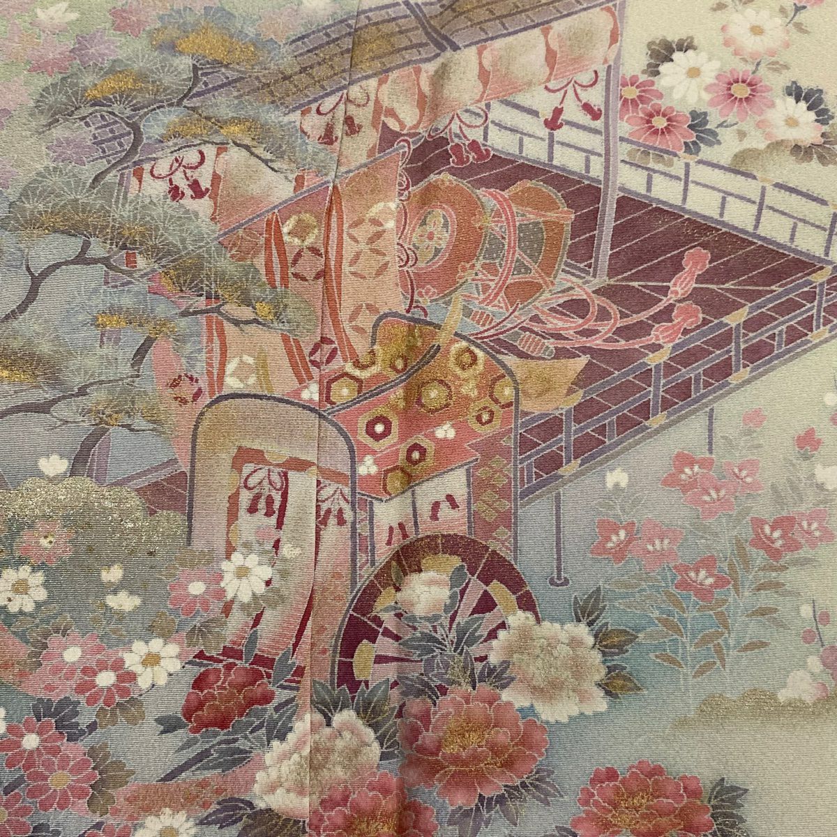 【庫存清倉】訪問服 身長157.5cm 袖長64.5cm M 雙層 御所車 鼓 金銀彩 漸層 粉紅 純蠶絲 優品級