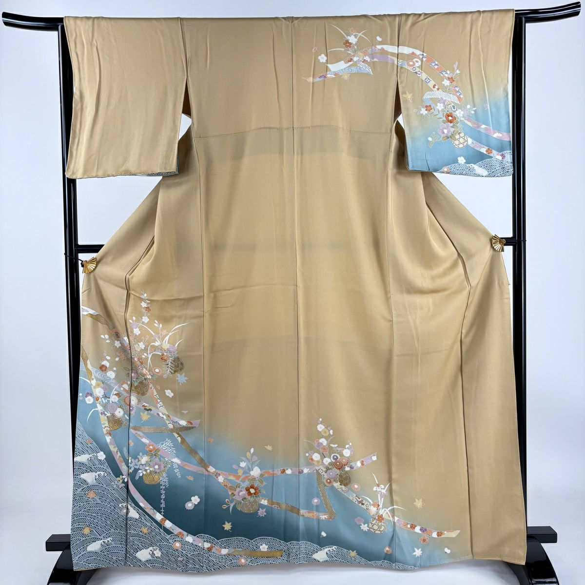 【庫存清倉】訪問服 身長165cm 袖長63.5cm S 雙層 花籠 波 金絲 金銀彩 山吹 純蠶絲 優品級
