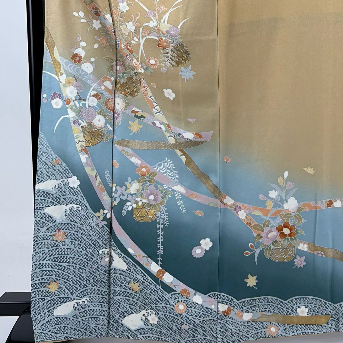 【庫存清倉】訪問服 身長165cm 袖長63.5cm S 雙層 花籠 波 金絲 金銀彩 山吹 純蠶絲 優品級