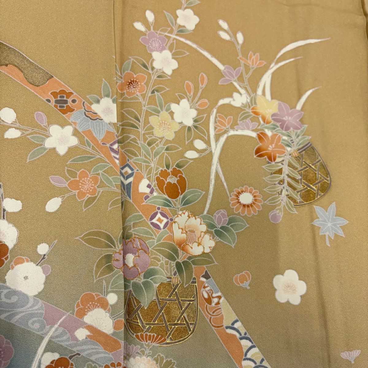 【庫存清倉】訪問服 身長165cm 袖長63.5cm S 雙層 花籠 波 金絲 金銀彩 山吹 純蠶絲 優品級