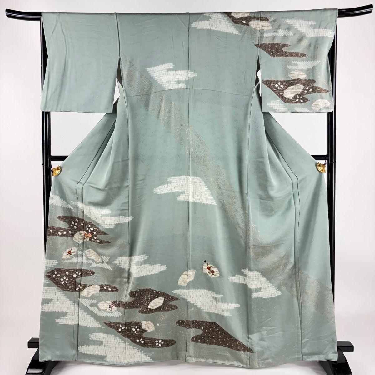 【庫存清倉】訪問服 身長166cm 袖長64.5cm M 雙層 椿霞 金銀彩 絞染 灰綠 純蠶絲 優品級