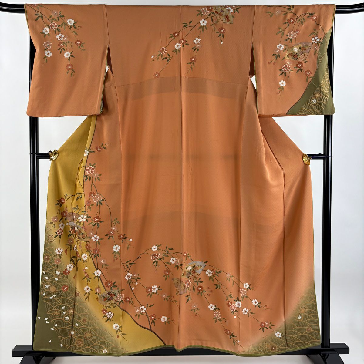 【清倉特賣】訪問服 身長157.5cm 袖長68cm L 雙層 吸棉仕立 亞麻 扇子子 垂枝櫻 金線 金銀彩 橙色 純蠶絲 優品級