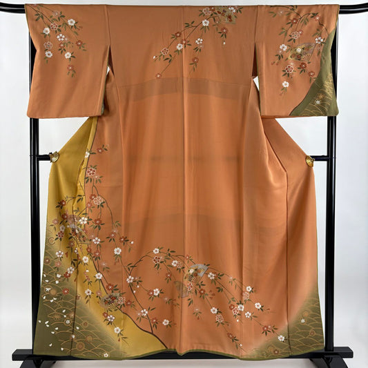 【清倉特賣】訪問服 身長157.5cm 袖長68cm L 雙層 吸棉仕立 亞麻 扇子子 垂枝櫻 金線 金銀彩 橙色 純蠶絲 優品級